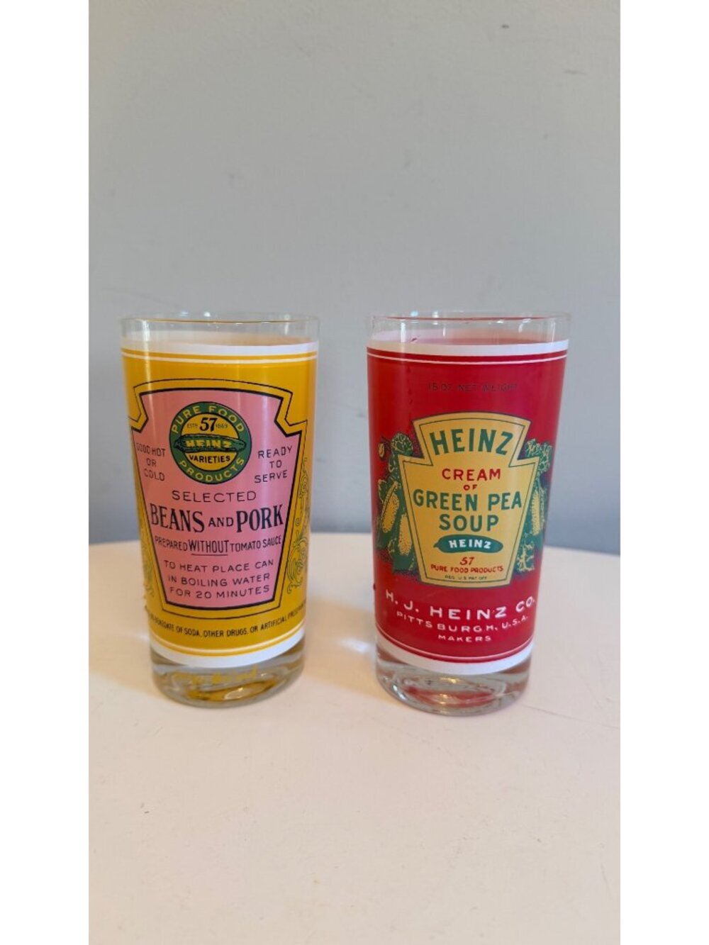 Vintage Georges Briard Heinz Soup Can Design Drinking Glasses Set of 2